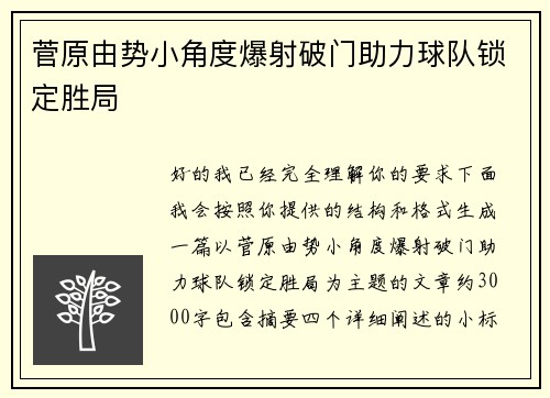 菅原由势小角度爆射破门助力球队锁定胜局